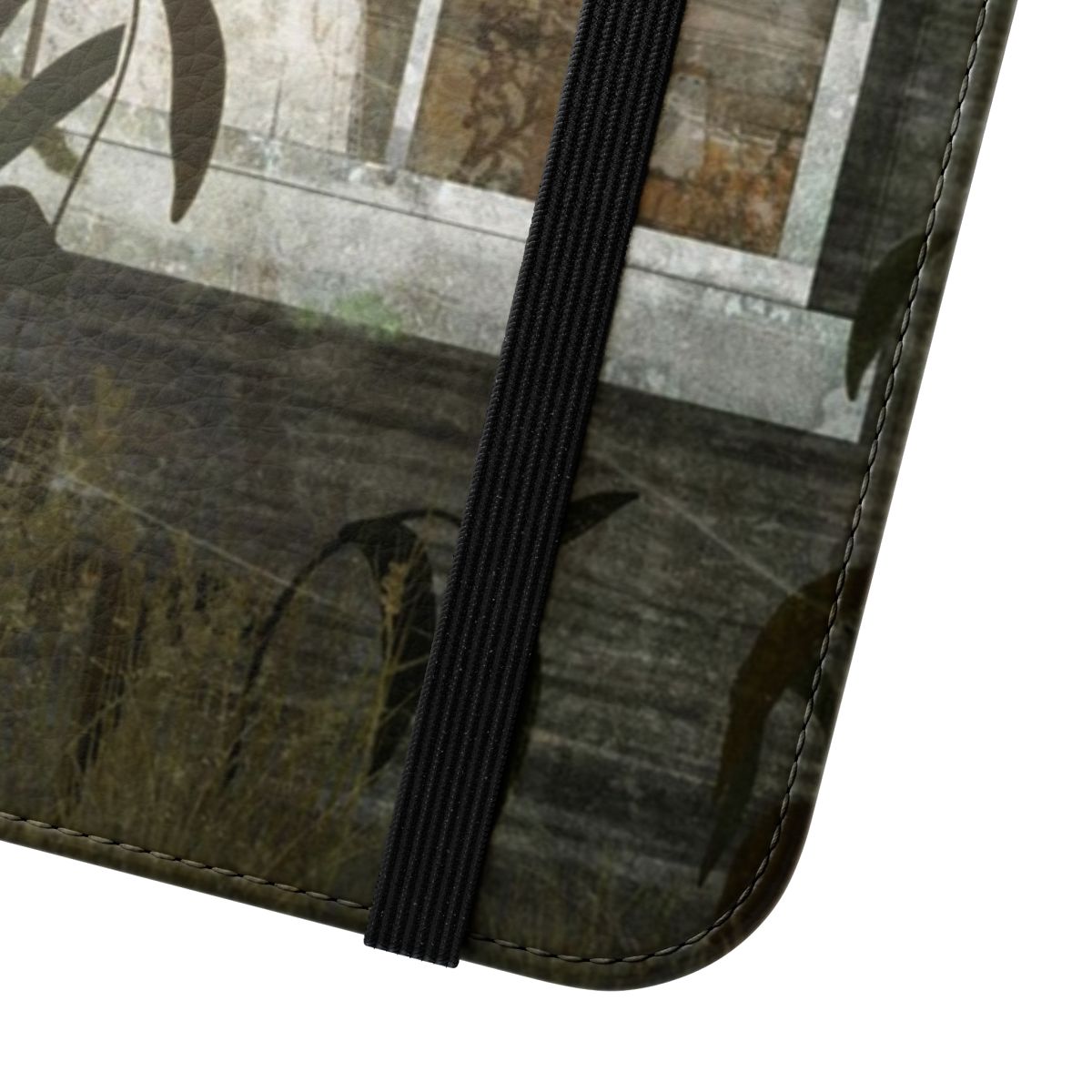 Flip phone case featuring a spooky haunted house with an overgrown window - Close Up