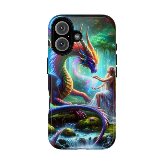 Colorful phone case featuring a mystical scene with a dragon and fairy in an enchanted forest setting.