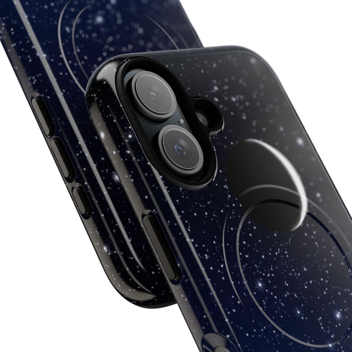 Starry night sky phone case with crescent moon in midnight blue color - Detail