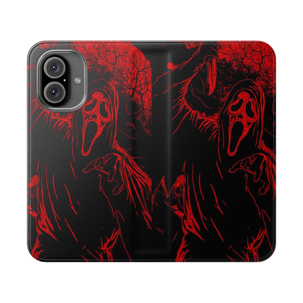 Spooky Ghostface-themed phone case with a flip cover design