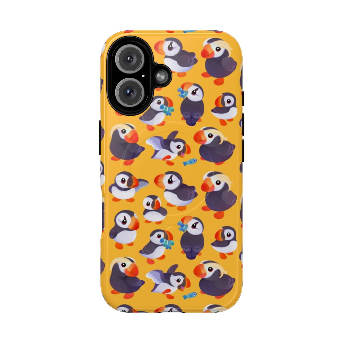 Bright yellow puffin phone case with a cute, kawaii design for bird enthusiasts