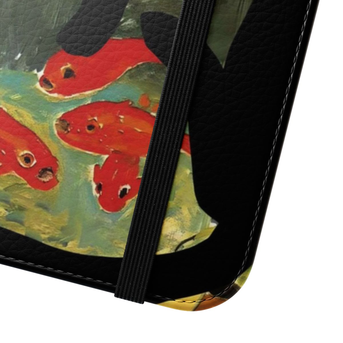 Vibrant flip phone case featuring Matisse's painting of goldfish and a mischievous cat. - Close Up