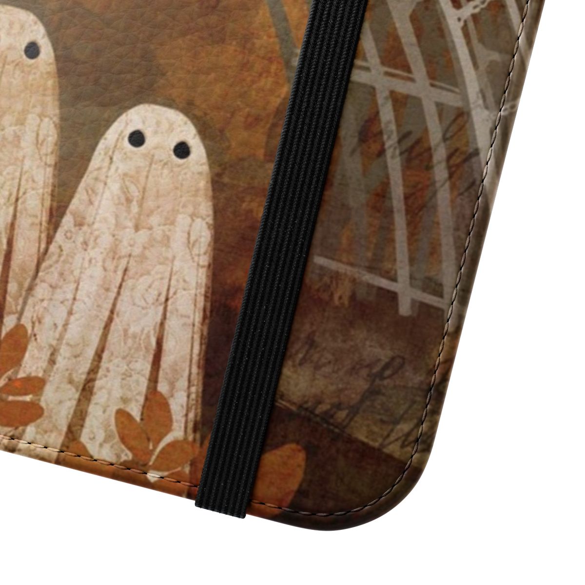 Vintage-style phone case featuring a ghostly autumn landscape with a haunted bridge - Close Up