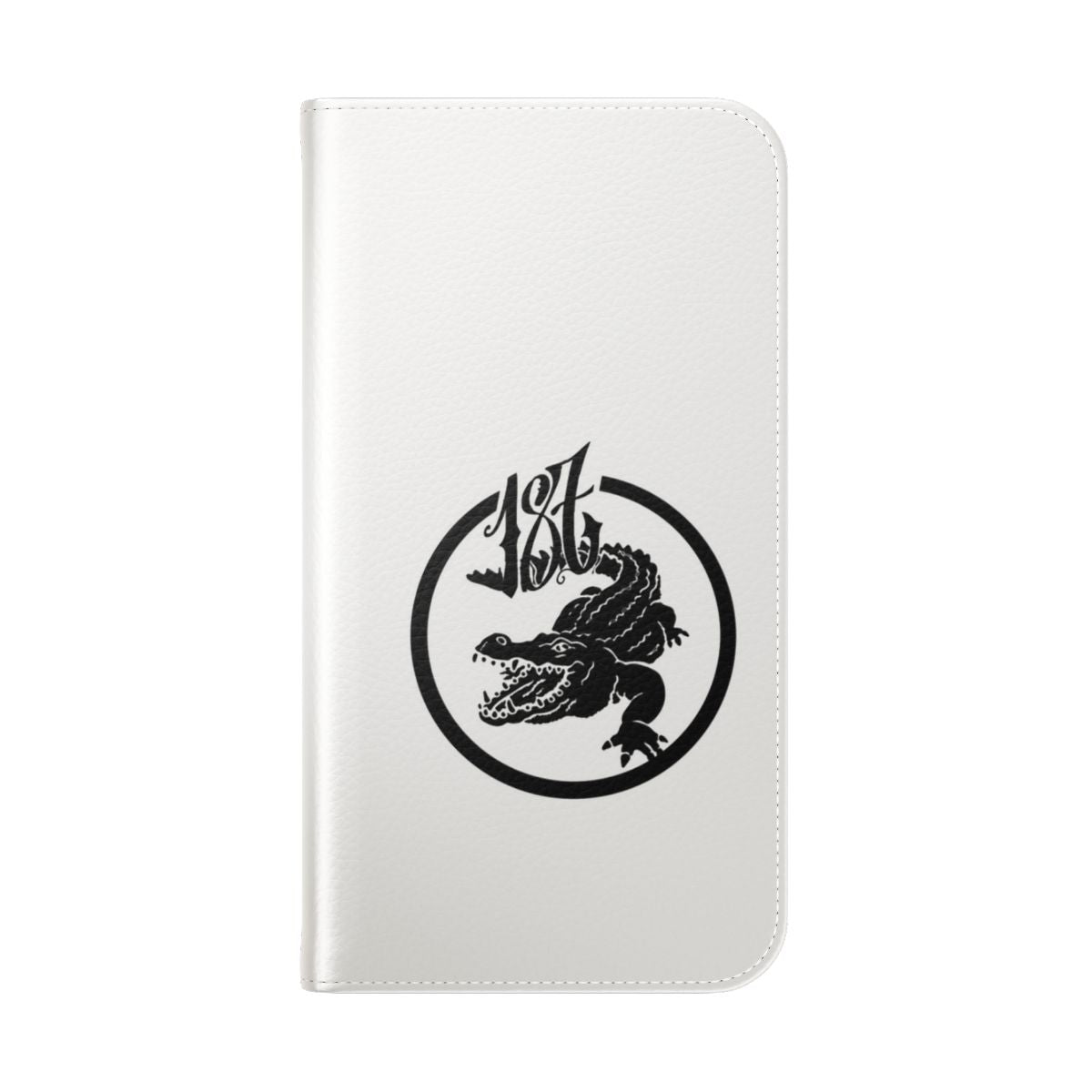 Krokodil-inspired flip cover phone case with 187 Strassenbande branding - Folded Back