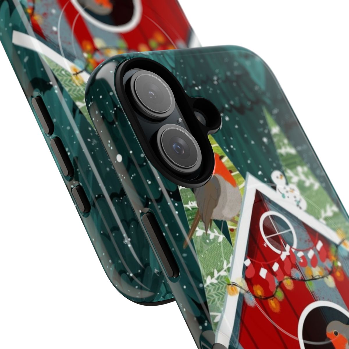 Magnetic phone case with a robin birdhouse design in a snowy forest scene - Detail