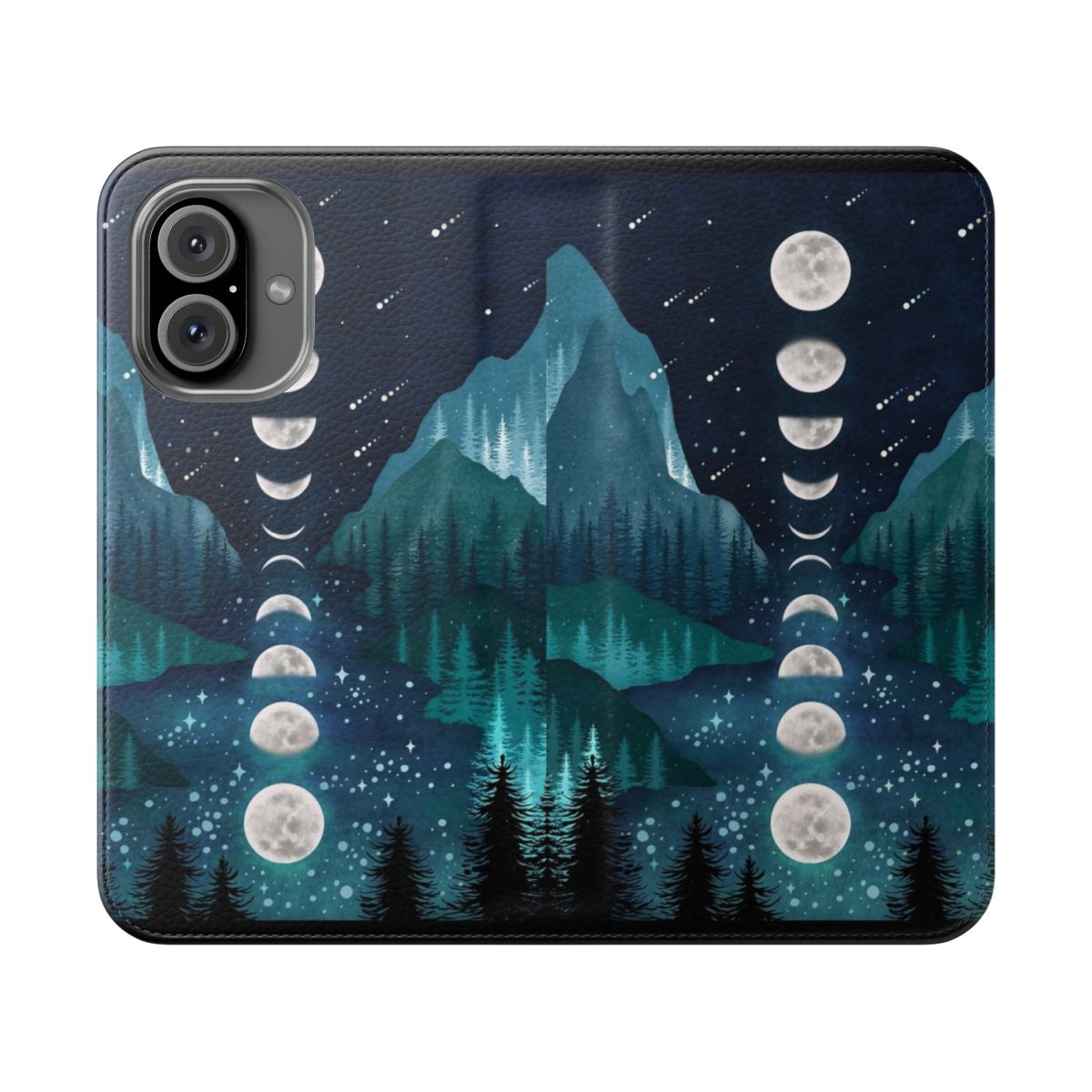 Flip phone case featuring a night sky design with a crescent moon, moths, and butterflies