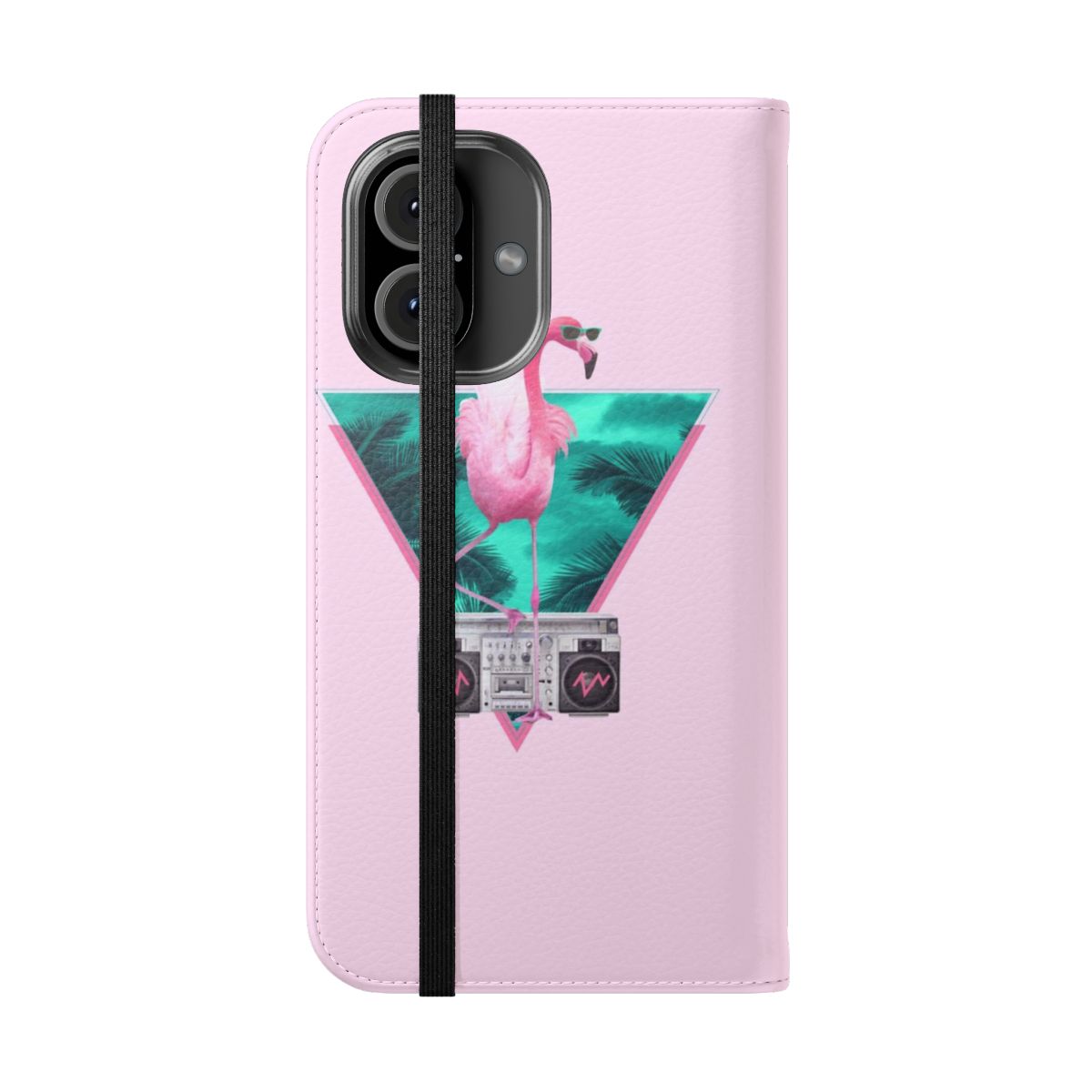 Retro phone case with a pink flamingo design in a 1980s synthwave style - Folded Front