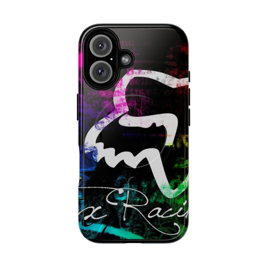 Colorful paint splatter design on a protective magnetic phone case for motorcycles, dirt bikes, and quads