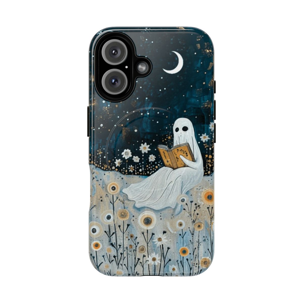 Spooky and whimsical phone case design featuring a botanical book nook with a ghostly figure.