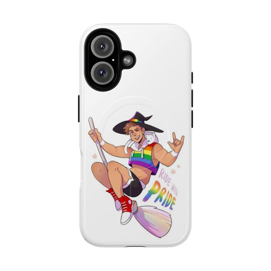 Magnetic tough phone case featuring a witch character with pride colors and design