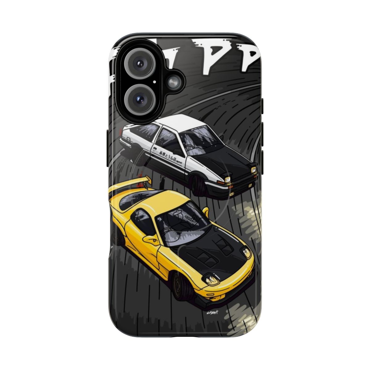 Custom phone case featuring stylized Initial D-inspired artwork of an RX7 and AE86 car.