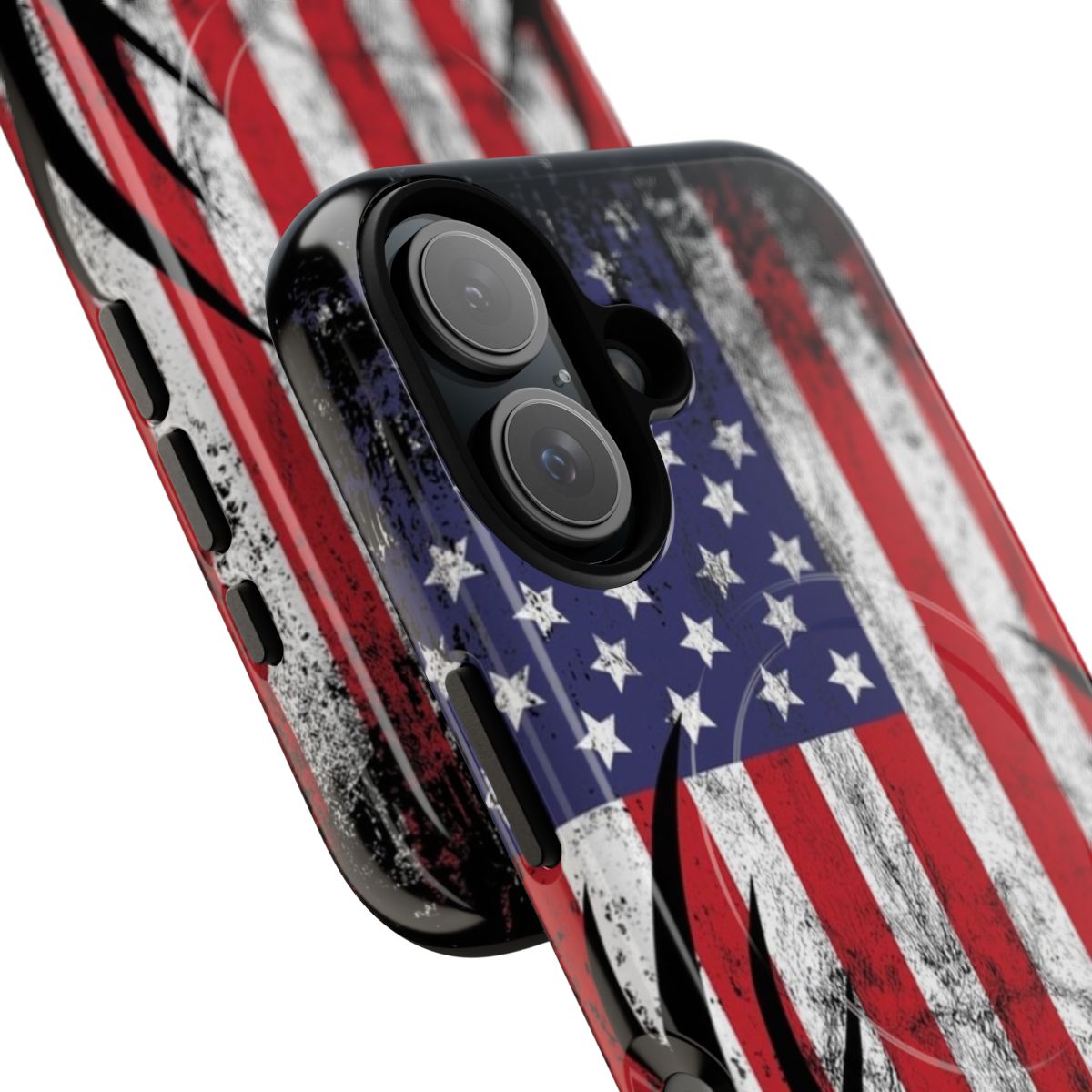 Deer hunting magnetic phone case with whitetail buck antlers and American flag design - Detail