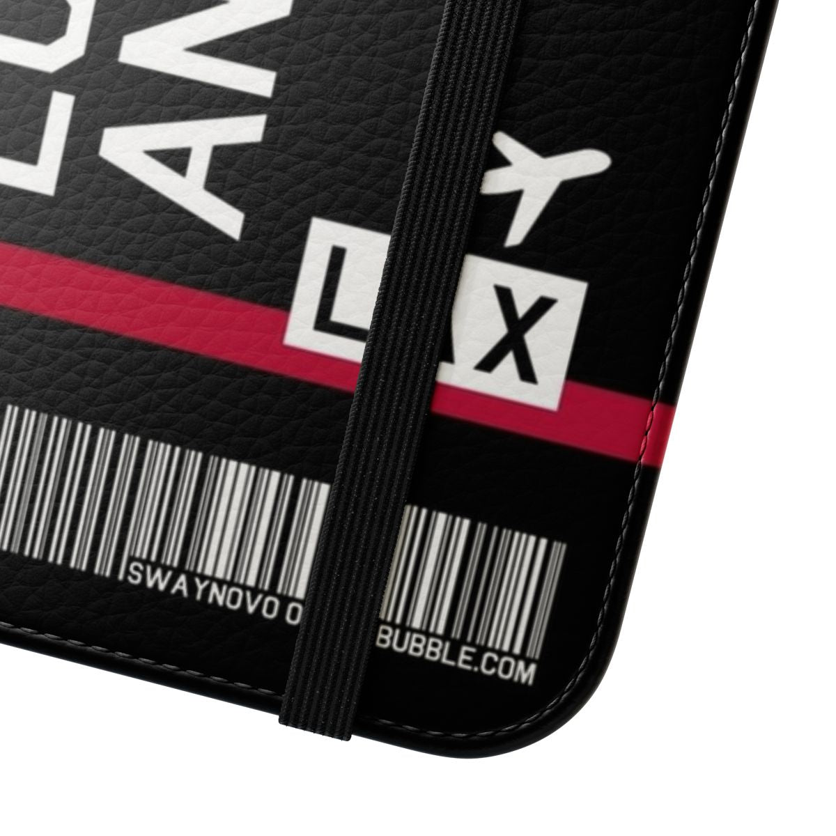 Black flip cover phone case with flight ticket and Los Angeles travel design - Close Up