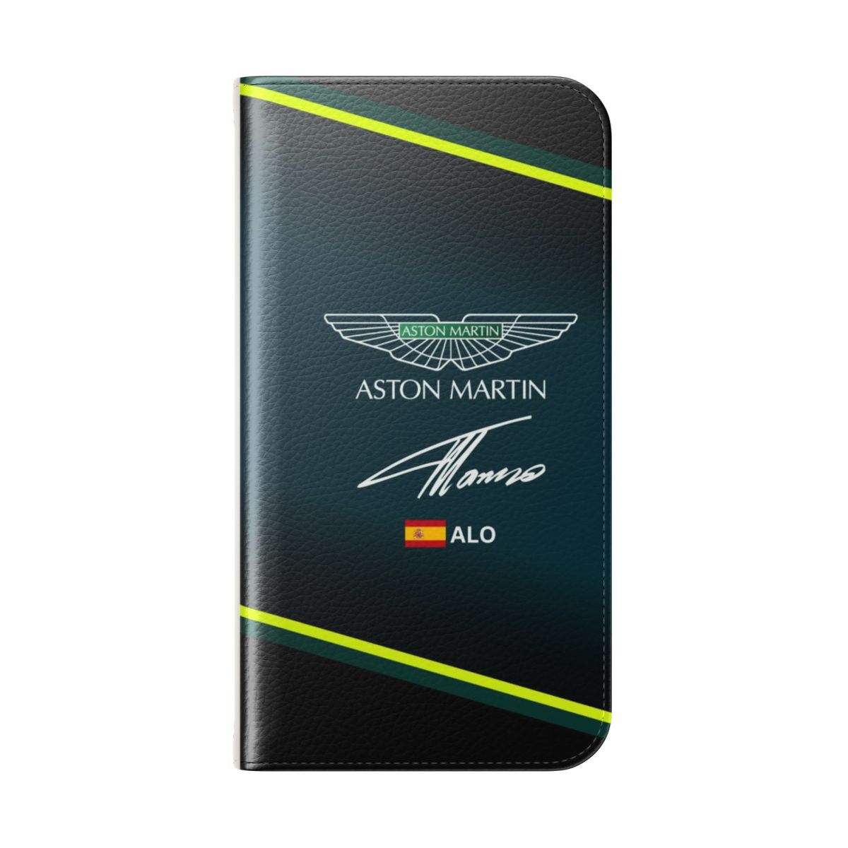 Motorsports-Inspired Fernando Alonso Aston Martin F1 Themed Flip Case for Phones - Folded Back