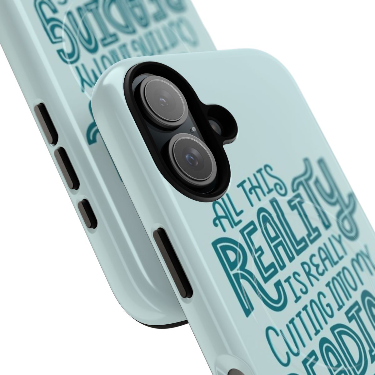 Magnetic phone case with book nerd quote lettering in blue and turquoise colors - Detail