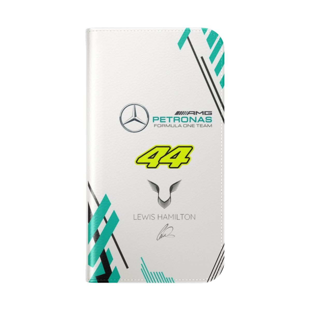 Sleek white flip phone case with a stylish Formula 1 inspired design featuring Lewis Hamilton's iconic #44. - Folded Back