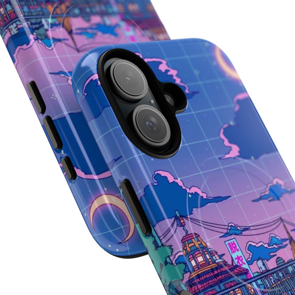 Surreal and aesthetically-pleasing magnetic phone case featuring a ramen village design - Detail