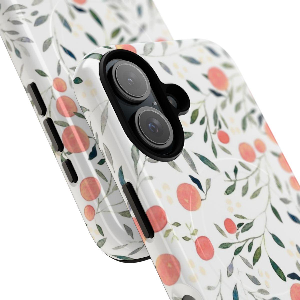 Peach and floral botanical design phone case with magnetic closure - Detail