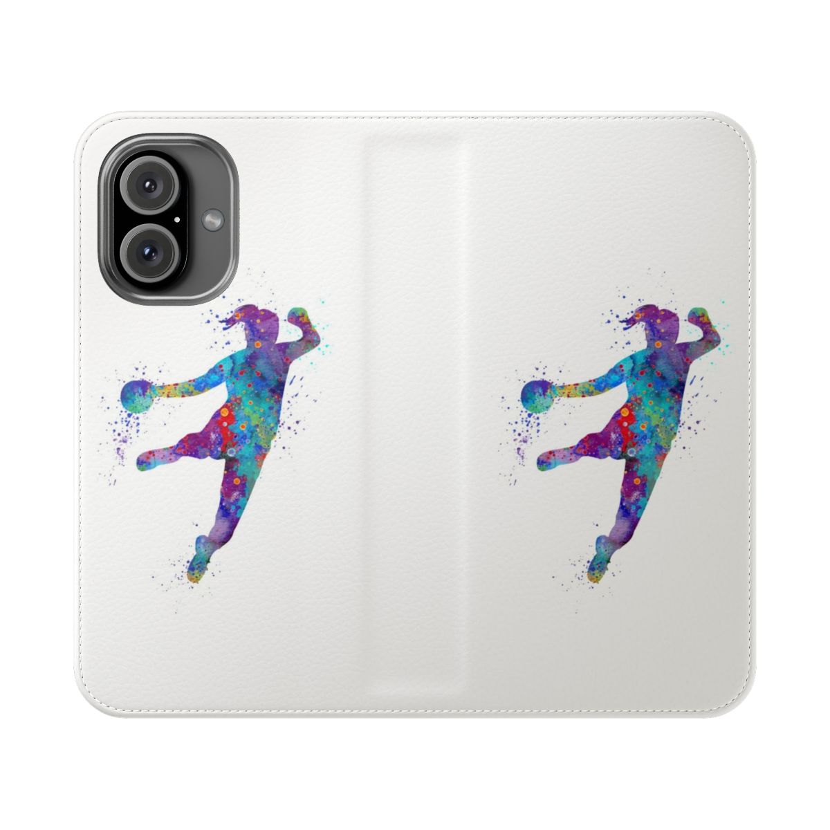 Colorful watercolor silhouette of a handball player on a flip phone case