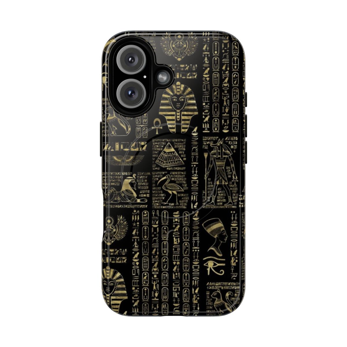 Magnetic phone case featuring ancient Egyptian hieroglyphs and deities in gold on a black background