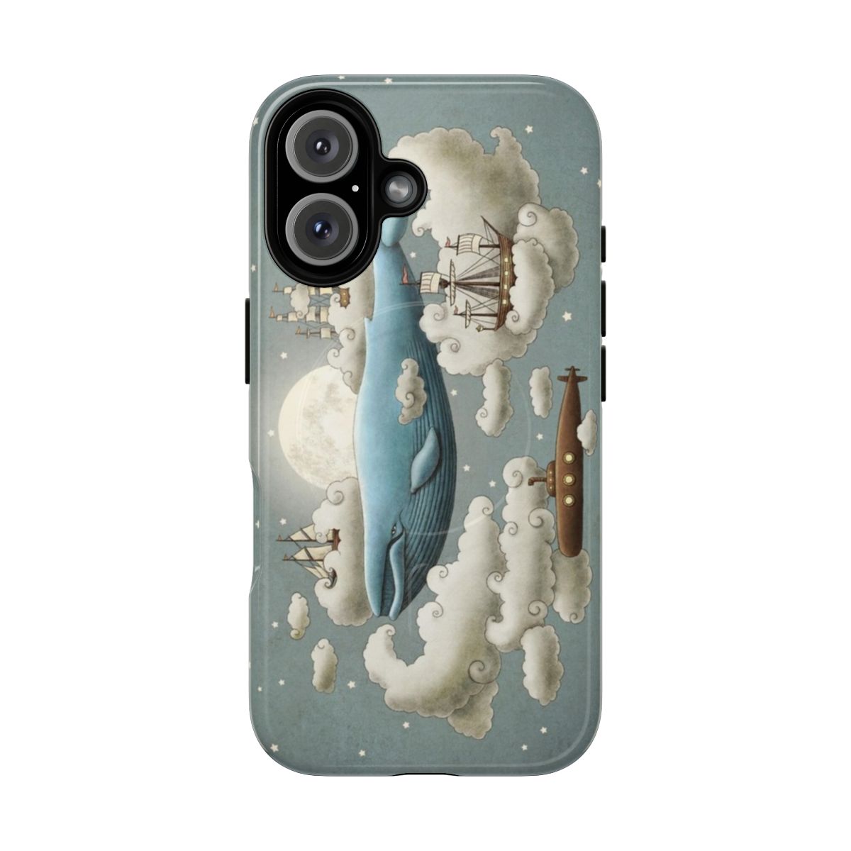 Retro-style phone case with an ocean and sky design featuring whimsical elements like whales, tall ships, and clouds.