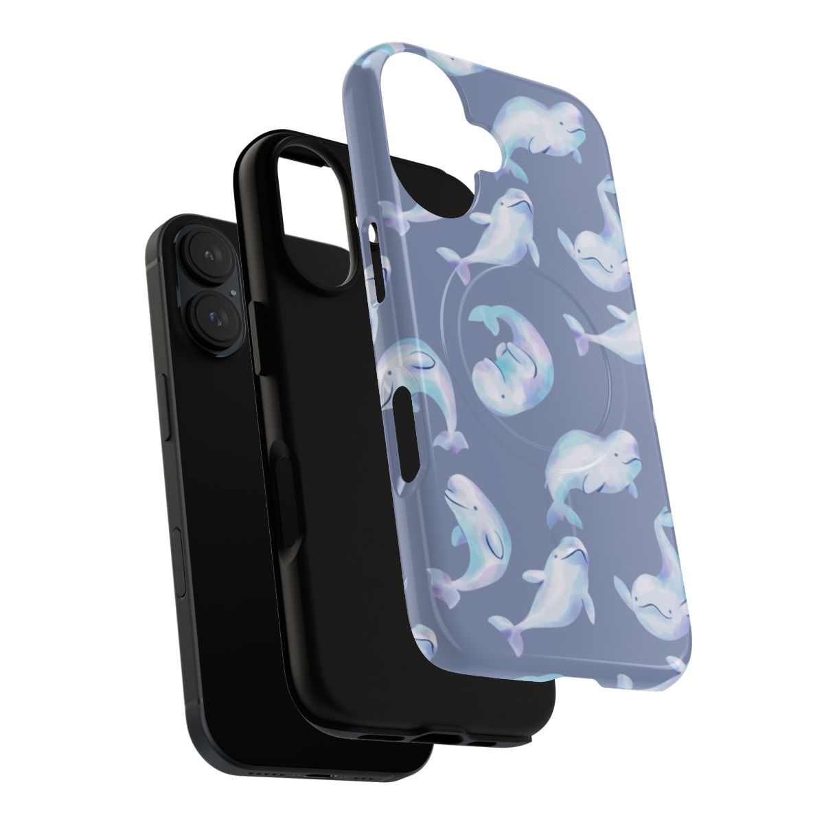 A stylish phone case featuring a hand-drawn illustration of a grey beluga whale swimming against a pastel background. - Layers