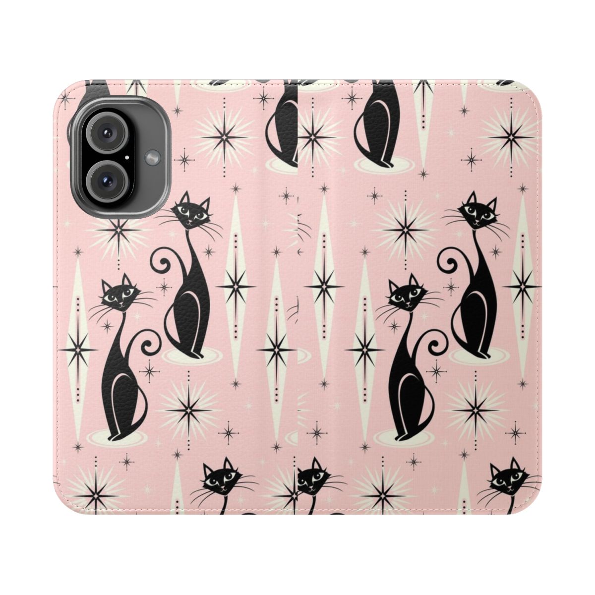 Retro atomic cats flip cover phone case with a 1950s mid century modern style design featuring black cats, starbursts, and diamonds.