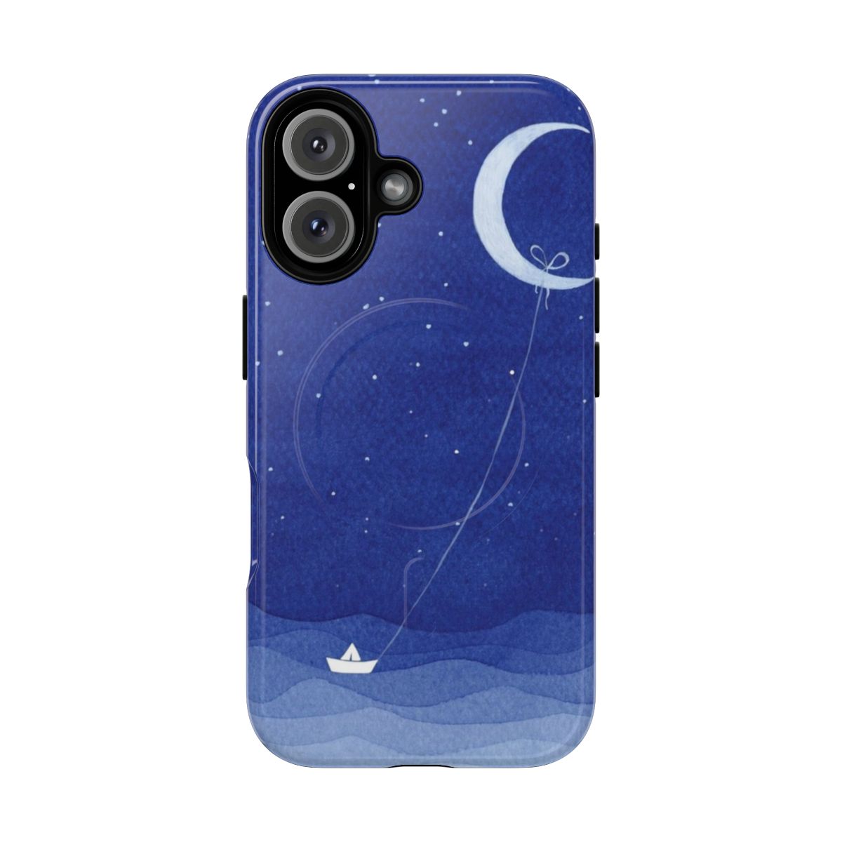 Watercolor design of a moon and waves on a phone case