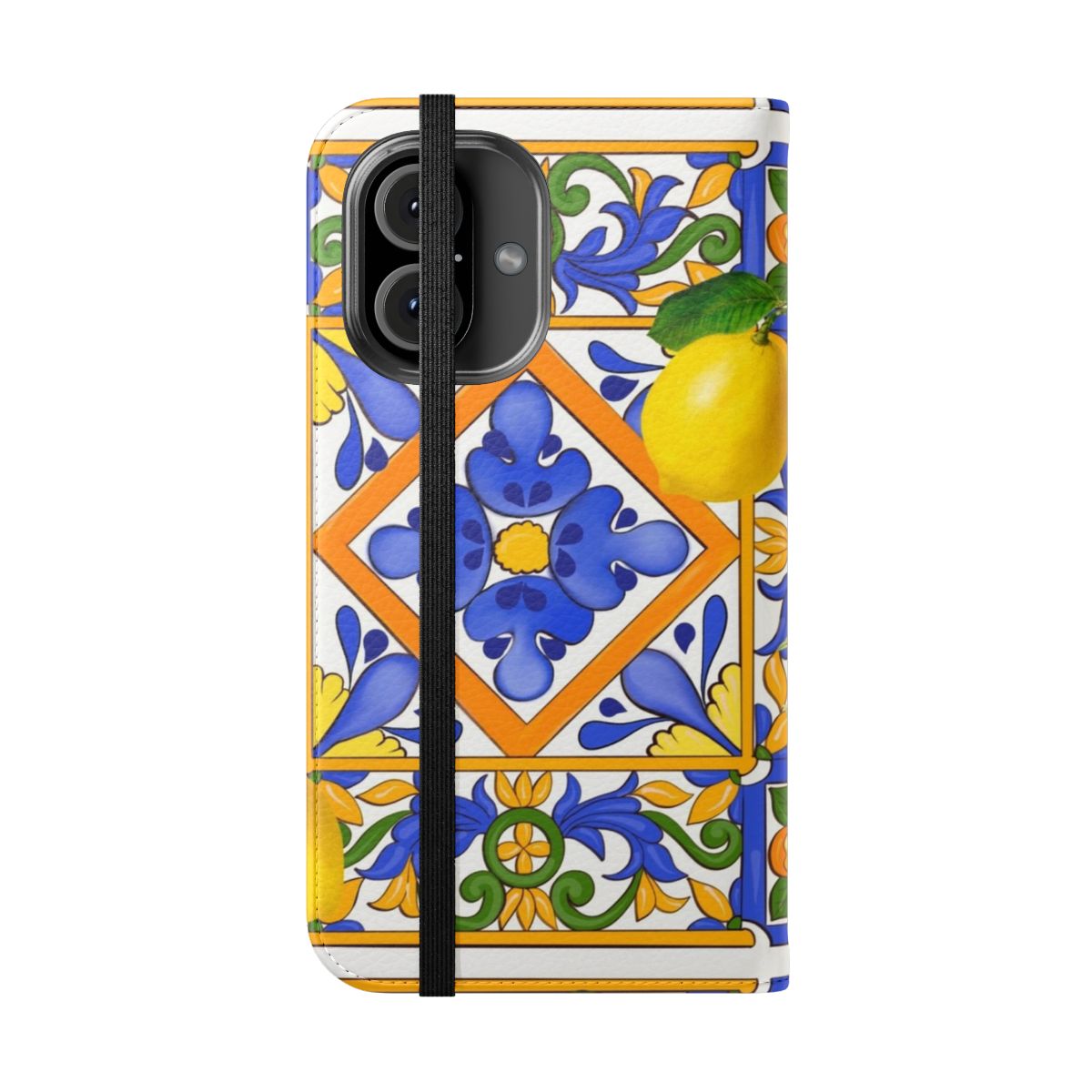 Flip phone case with a colorful pattern featuring lemons, oranges, and majolica tiles, inspired by the Mediterranean coast. - Folded Front