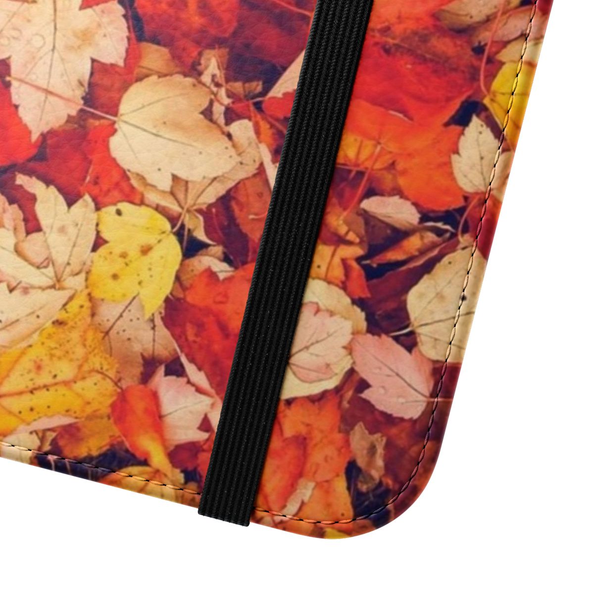 A stylish flip phone case featuring a vibrant autumn leaves design. - Close Up