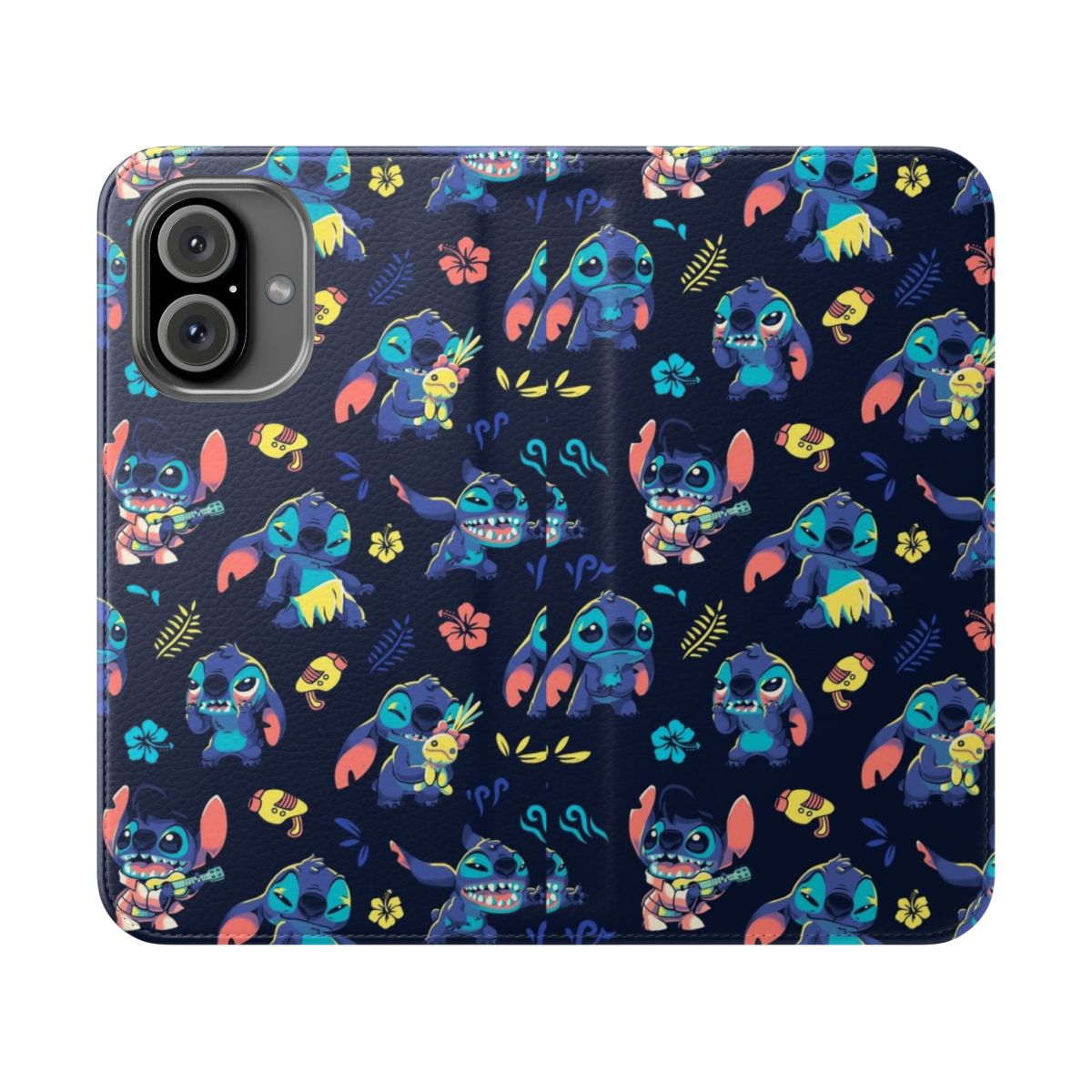 Colorful flip phone case with a cute stitch-inspired cartoon design featuring an alien-like character and Hawaiian elements