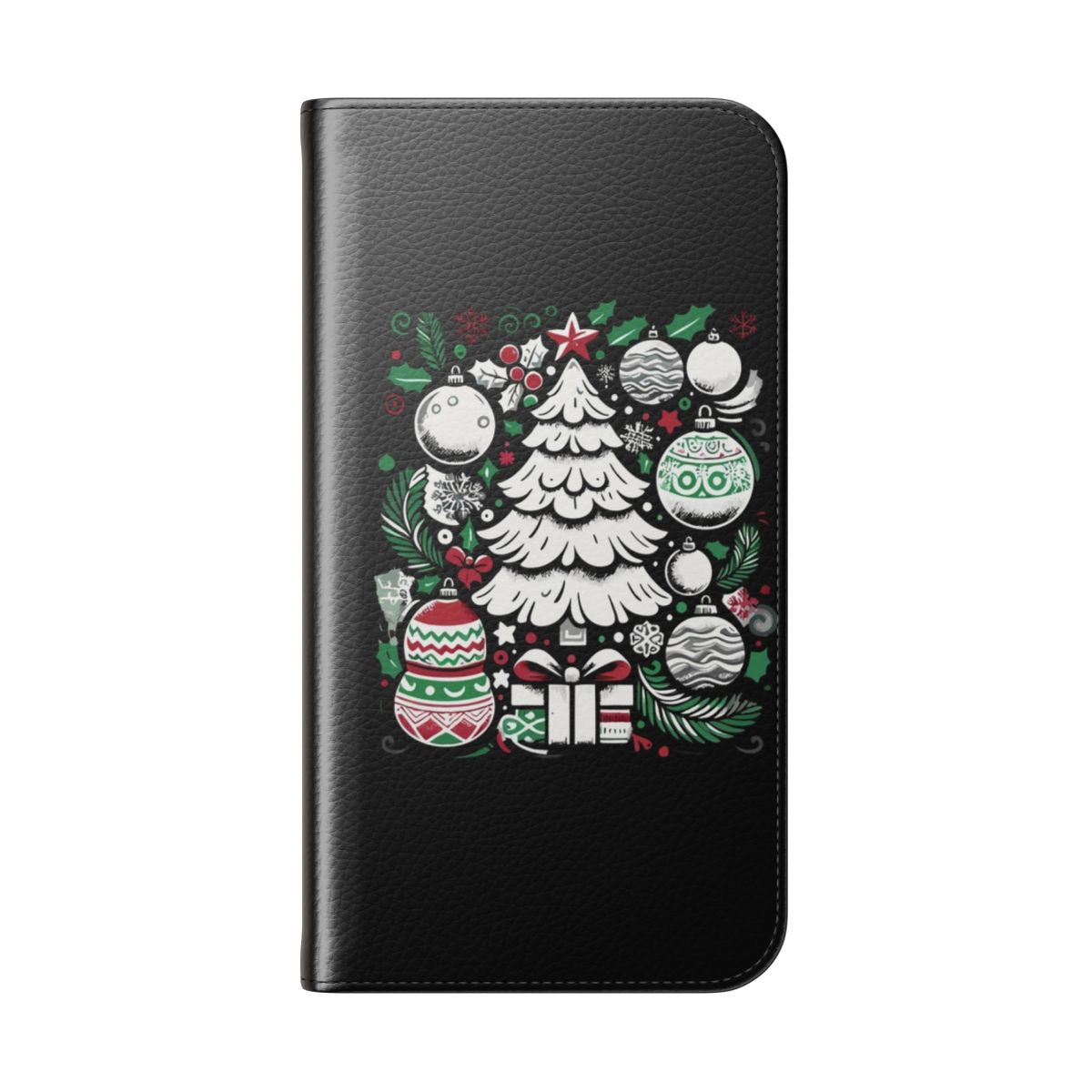 Festive art Christmas tree phone case with holiday ornament balls - Folded Back