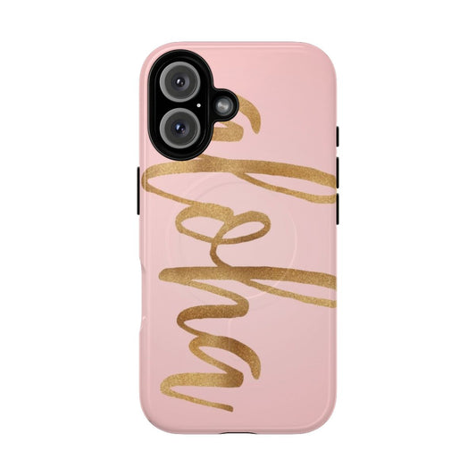 Aloha-inspired metallic phone case in pink and gold colors