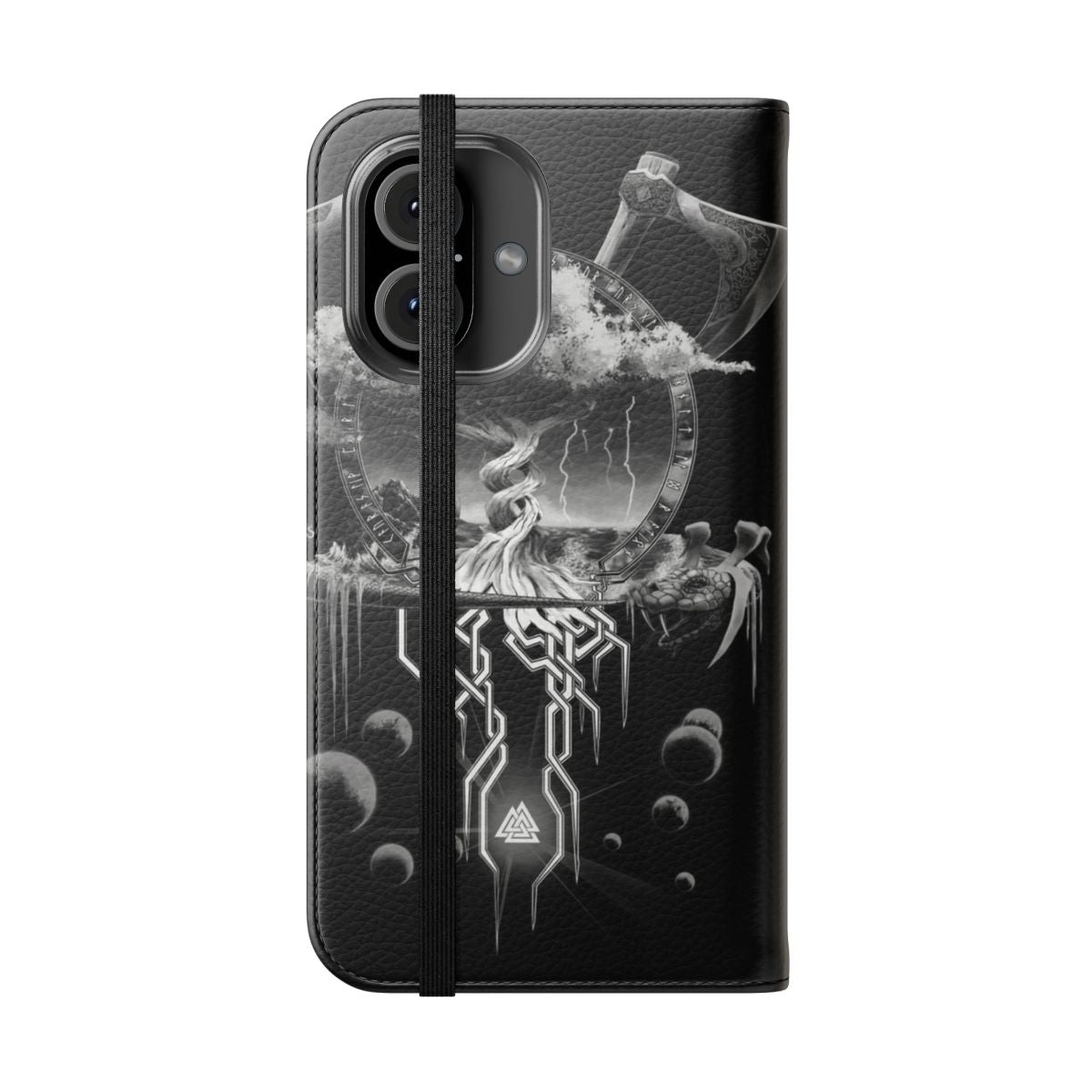 Closeup of a stylish phone case with Viking and Norse mythology inspired design. - Folded Front