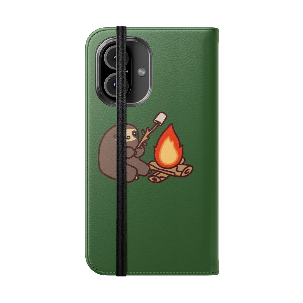 Cute cartoon sloth roasting marshmallows over a campfire on a phone case. - Folded Front