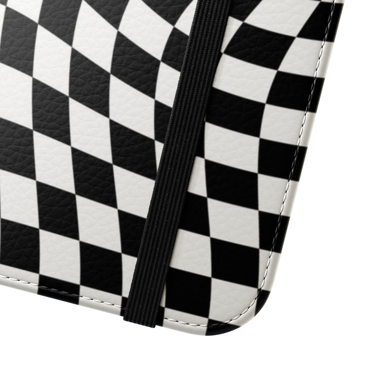 A black flip phone case with a retro checkered pattern design - Close Up