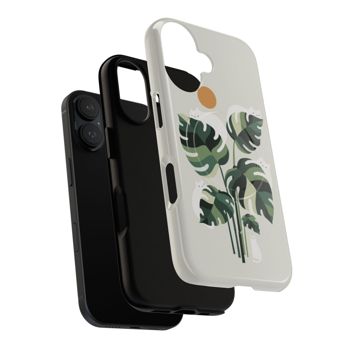 A phone case featuring a minimalist illustration of a cat and a monstera plant - Layers