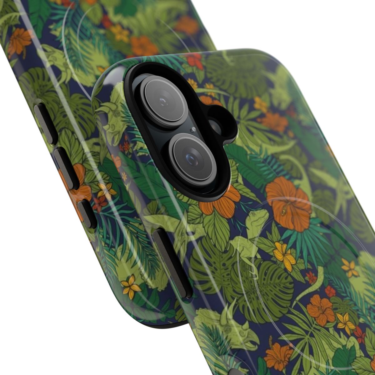 Vibrant dinosaur and tropical floral pattern phone case with a magnetic closure and tough construction. - Detail