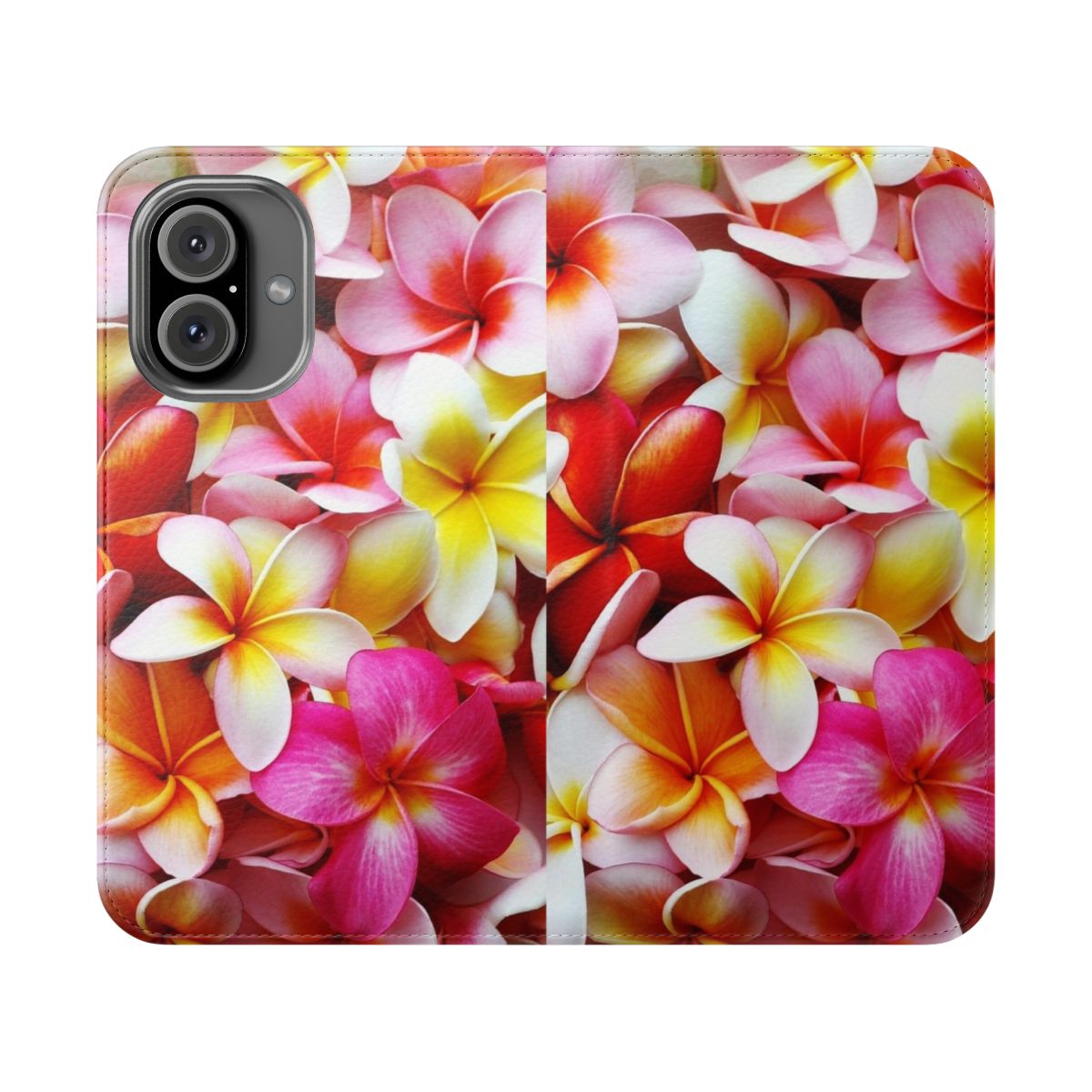 A vibrant phone case featuring a detailed illustration of pink and white plumeria flowers against a tropical background.