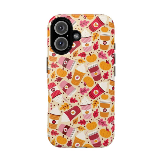 Patterned phone case with a cozy pumpkin spice design, perfect for autumn.