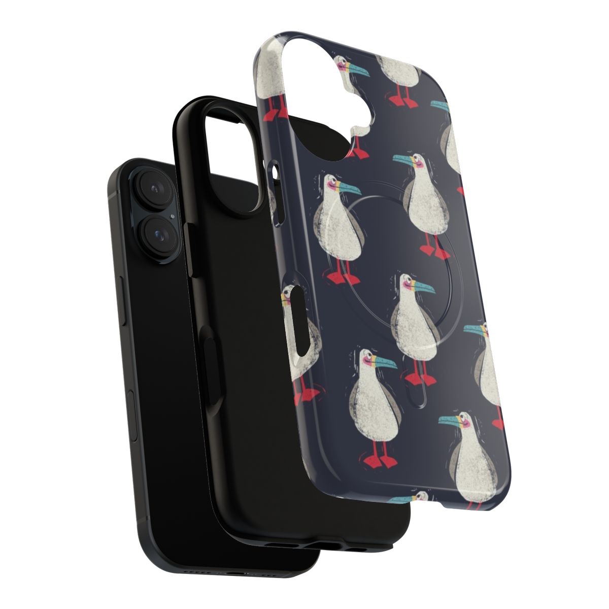 Closeup of a seagull phone case with a linoprint-style design - Layers