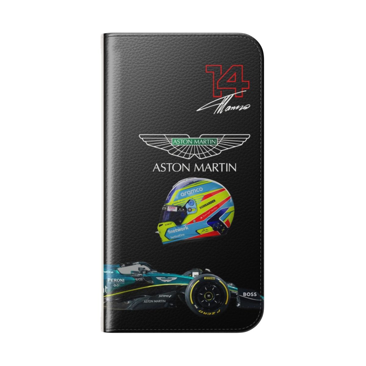 Flip phone case featuring Fernando Alonso inspired Aston Martin Formula 1 team design - Folded Back