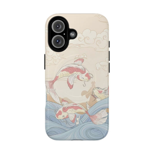 Kyoshi Island inspired travel poster design on a phone case, featuring koi fish and vintage elements.