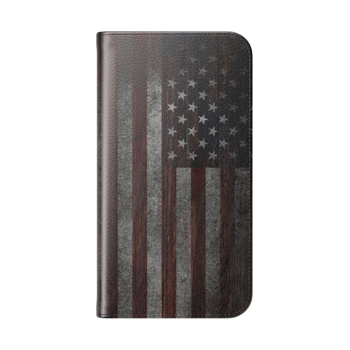 Patriotic American flag design on a weathered wood texture flip phone case - Folded Back