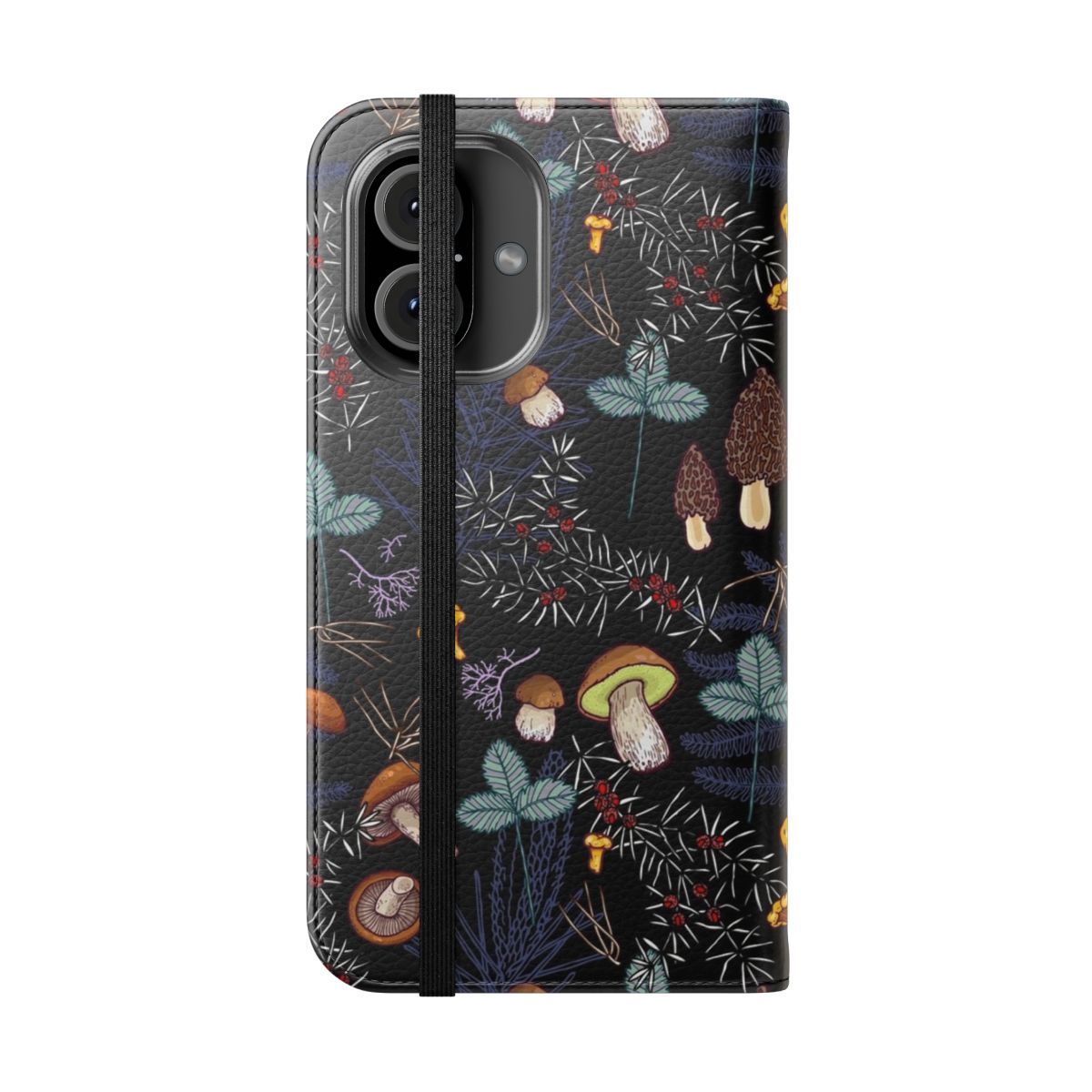 A flip cover phone case featuring a dark, wild forest mushroom pattern design. - Folded Front