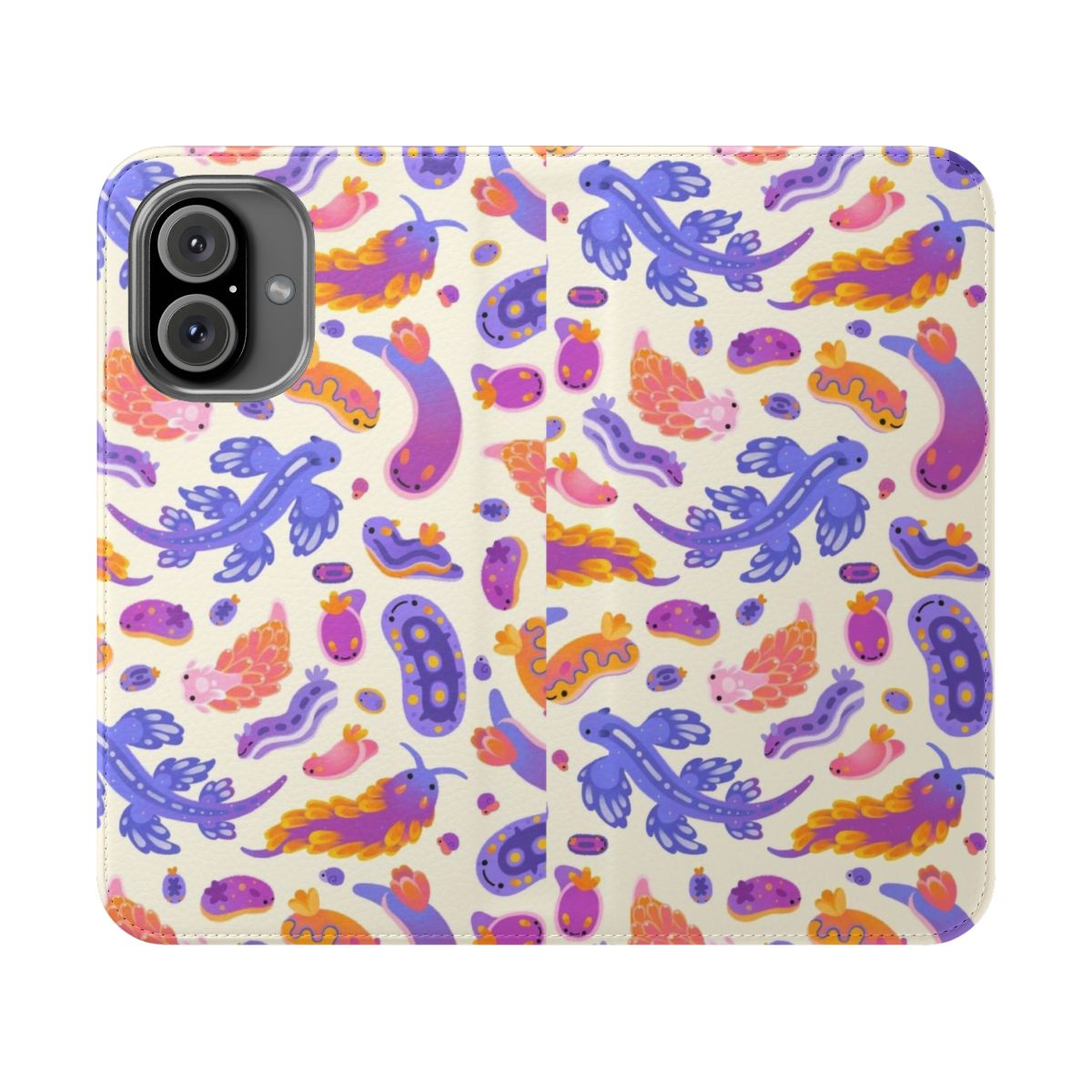 Closeup of a colorful pastel sea slug or nudibranch on a phone case