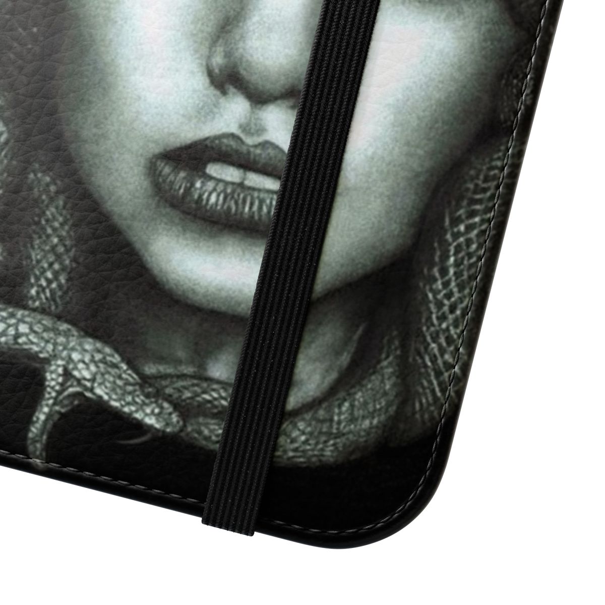 A flip cover phone case featuring the image of Medusa, the gorgon from Greek mythology. - Close Up