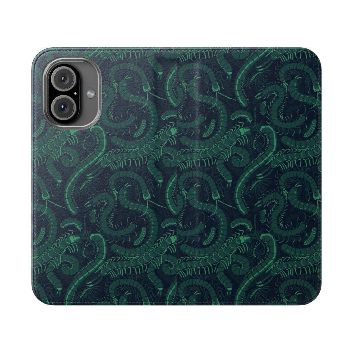 A green flip phone case featuring a vibrant myriapod pattern, perfect for nature-lovers.