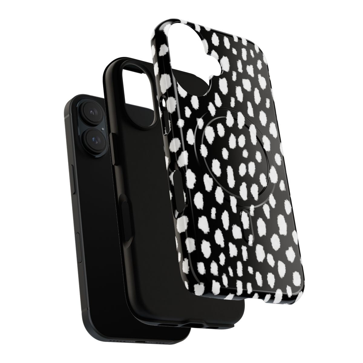 Handmade polka dot phone case with black and white brush stroke pattern, resembling a reverse dalmatian design. - Layers