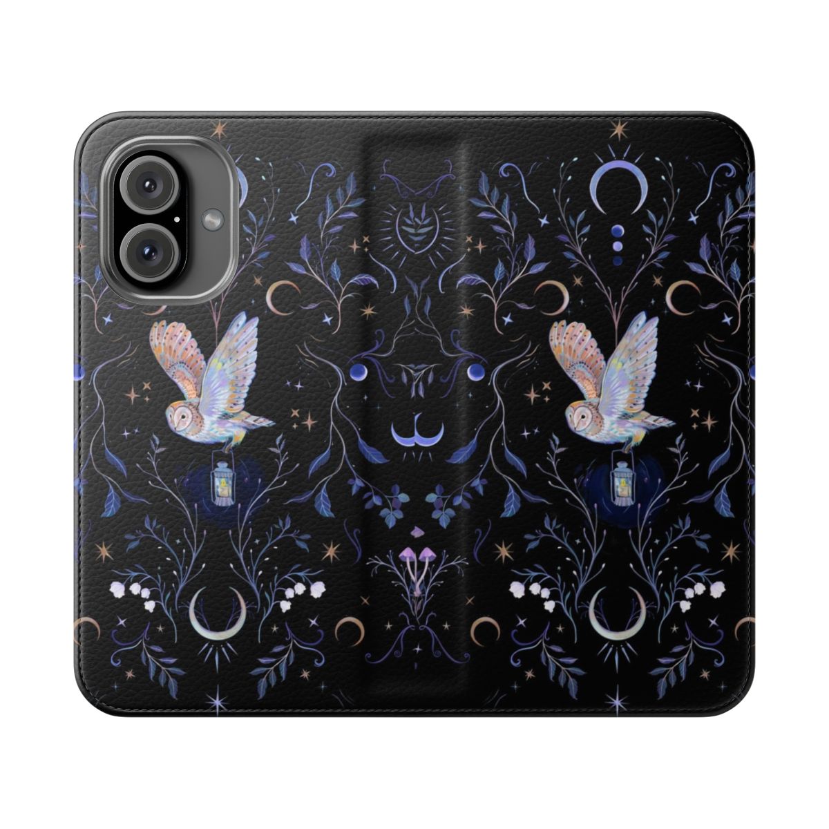 Whimsical phone case featuring a full moon, owl, and botanical elements